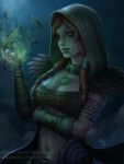  1girl alternate_costume bandeau breasts claw_(weapon) cleavage collar facepaint feathers green_eyes hair_tubes highres hood jewelry lips long_hair looking_at_viewer mirco_cabbia necklace night parted_lips redhead smite solo stomach tattoo the_morrigan upper_body watermark weapon web_address 