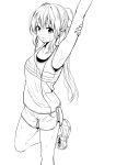  1girl armpits arms_up attsun_(atsushi_jb) bangs blush breasts collarbone earphones greyscale gym_shorts highres leg_up lineart long_hair looking_at_viewer medium_breasts monochrome open_mouth original ponytail shoes shorts sneakers solo standing standing_on_one_leg stretch sweat sweating tank_top 