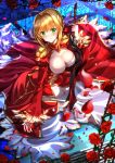  1girl aestus_estus ahoge blonde_hair breasts cleavage dress epaulettes fate/extra fate_(series) flower green_eyes highres holding holding_sword holding_weapon large_breasts looking_down petals plant red_dress red_rose reflection reflective_floor rose saber_extra short_hair smile solo sword swordsouls thorns vines weapon 