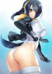  1girl ass black_hair blush breasts brown_eyes emperor_penguin_(kemono_friends) erect_nipples hair_over_one_eye headphones highres hood hoodie kemono_friends large_breasts leotard long_hair looking_at_viewer looking_back matsuda_(matsukichi) multicolored_hair simple_background solo tail thigh-highs white_legwear white_leotard 