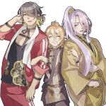  3boys ^_^ arm_hug black_hair blonde_hair blue_eyes chagashi closed_eyes eyes_visible_through_hair facial_hair grin hachisuka_kotetsu hair_over_one_eye jacket japanese_clothes male_focus multicolored_hair multiple_boys nagasone_kotetsu open_mouth orange_hair ponytail purple_hair smile stubble touken_ranbu track_jacket two-tone_hair urashima_kotetsu yellow_eyes 