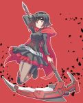  black_hair cape crescent_rose grey_eyes highlights highres iesupa multicolored_hair petals red_background redhead ruby_rose rwby solo 