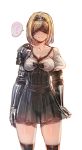  1girl ? arms_at_sides blindfold blonde_hair bow_(bhp) breasts cleavage cosplay djeeta_(granblue_fantasy) fighter_(granblue_fantasy) granblue_fantasy nier_(series) nier_automata see-through skirt skirt_tug solo spoken_question_mark sweatdrop thigh-highs thighs white_background yorha_no._2_type_b yorha_no._2_type_b_(cosplay) 