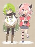  1boy androgynous blush braid chibi enkidu_(fate/strange_fake) fate/apocrypha fate/strange_fake fate_(series) green_eyes green_hair hair_ribbon highres long_hair male_focus one_eye_closed open_mouth pantyhose pink_hair ribbon rider_of_black scarf skirt smile thigh-highs trap violet_eyes 