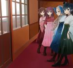  4girls anchor annin_musou architecture asakaze_(kantai_collection) black_hair black_hakama blonde_hair blue_eyes blue_hakama boots bow brown_eyes brown_hair carpet commentary_request drill_hair east_asian_architecture green_eyes hair_bow hakama hand_on_hip harukaze_(kantai_collection) hat japanese_clothes kamikaze_(kantai_collection) kantai_collection kimono lineup long_hair long_sleeves looking_at_viewer matsukaze_(kantai_collection) meiji_schoolgirl_uniform mini_hat mountain multiple_girls parted_lips pink_hakama pink_kimono purple_hair red_hakama school_uniform short_hair sidelocks sliding_doors smile violet_eyes white_kimono wide_sleeves 