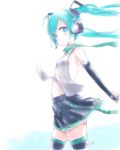  1girl aqua_eyes aqua_hair detached_sleeves hatsune_miku headset highres kowiru long_hair looking_at_viewer navel necktie simple_background solo thigh-highs twintails vocaloid 