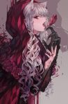  1girl blood capelet flower food fork fur hood kanekiru little_red_riding_hood meat monster_girl red_eyes rose slit_pupils tongue wavy_hair 