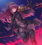  1girl ceda_(dace) dual_wielding eyelashes fate/grand_order fate_(series) gae_bolg navel polearm purple_hair red_eyes scathach_(fate/grand_order) see-through skin_tight skindentation solo spaulders spear standing standing_on_one_leg thigh-highs tsurime veil weapon 