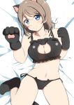  1girl absurdres animal_ears ankoiri black_bra black_panties blue_eyes bra brown_hair cat_cutout cat_ear_panties cat_ears cat_lingerie frilled_bra frills gloves highres love_live! love_live!_sunshine!! lying meme_attire navel panties paw_gloves paws short_hair side-tie_panties smile solo underwear underwear_only watanabe_you 