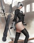  1girl black_dress blindfold boots dress emanuel_mendez hairband highres nier_(series) nier_automata silver_hair solo sword thigh-highs thigh_boots weapon yorha_no._2_type_b 