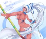  1girl arrow ass bangs bare_shoulders bikini blue_eyes bow_(weapon) breasts butt_crack c.r. cowboy_shot dark_skin erect_nipples gloves hairband happy_birthday high_ponytail holding holding_weapon long_hair looking_at_viewer looking_back majikina_mina parted_lips partly_fingerless_gloves revealing_clothes rope samurai_spirits sarong sideboob silver_hair solo swimsuit translated very_long_hair weapon white_bikini yugake 