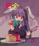  1girl @_@ animal_ears black_jacket blue_hair buttons cake daizu_(melon-lemon) drooling food jacket knife long_hair long_sleeves multicolored_hair necktie open_mouth purple_hair rabbit_ears red_eyes red_necktie reisen_udongein_inaba shirt solo touhou very_long_hair white_shirt 