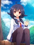  1girl :d ahoge black_hair black_legwear blue_sky clouds cloudy_sky commentary_request hair_flaps highres kantai_collection long_hair looking_at_viewer low_twintails open_mouth pantyhose pleated_skirt red_eyes school_uniform serafuku sitting skirt sky smile snow_(gi66gotyo) solo taigei_(kantai_collection) twintails waving 