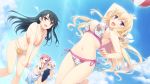  4girls :d ami_maria barefoot bikini black_hair blonde_hair blue_bikini bow breasts cleavage clouds cloudy_sky collarbone competition_swimsuit covered_navel dutch_angle floating_hair game_cg green_eyes groin hair_bow highleg highleg_bikini highleg_swimsuit highres hoshii_seika jougasaki_momo large_breasts long_hair midriff multiple_girls navel one-piece_swimsuit one_eye_closed open_mouth outdoors pink_hair red_eyes saeki_hokuto sarong short_hair side-tie_bikini sideboob silver_hair sky small_breasts smile souma_izana standing stomach striped striped_bikini suisei_ginka swimsuit very_long_hair violet_eyes yellow_bikini 