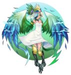  1girl bare_shoulders blonde_hair blue_hair breasts choker dress electricity feathered_wings green_hair hair_over_one_eye harpy head_wreath looking_at_viewer magnifire monster_girl monster_girl_encyclopedia multicolored multicolored_hair multicolored_wings pointy_ears small_breasts smile solo strapless strapless_dress talons thunderbird_(monster_girl_encyclopedia) veil white_dress winged_arms wings 