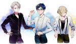  3boys black_hair blonde_hair blue-framed_eyewear blue_eyes brown_eyes collared_shirt cropped_legs glasses green_eyes hair_over_one_eye katsuki_yuuri male_focus multiple_boys shirt silver_hair smile snowflakes suspenders viktor_nikiforov yamamura_kanai yuri!!!_on_ice yuri_plisetsky 