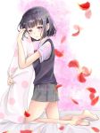  1girl bangs black_hair highres kuzu_no_honkai looking_at_viewer nachosu school_uniform short_hair skirt solo violet_eyes yasuraoka_hanabi 