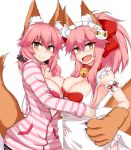  2girls animal_ears apron bell bell_collar breast_press breasts cleavage collar dual_persona fang fate/extra fate/grand_order fate_(series) fox_ears fox_tail hair_ribbon highres large_breasts long_hair looking_at_viewer maid_headdress multiple_girls naked_apron open_mouth otinyanko paws pink_hair ribbon sideboob simple_background smile symmetrical_docking tail tamamo_(fate)_(all) tamamo_cat_(fate) tamamo_no_mae_(fate) white_background yellow_eyes 