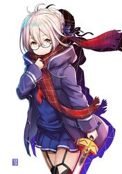  1girl ahoge bangs black-framed_eyewear black_legwear blonde_hair blue_ribbon braid closed_mouth coat cowboy_shot duffel_coat eyebrows_visible_through_hair fate_(series) french_braid fringe glasses hair_between_eyes hair_bun hair_ribbon hand_up heroine_x heroine_x_(alter) highres hiroki_(hirokiart) holding holding_sword holding_weapon looking_at_viewer open_clothes open_coat plaid plaid_scarf red_scarf ribbon saber scarf semi-rimless_glasses sidelocks simple_background solo sword thigh-highs under-rim_glasses weapon white_background yellow_eyes 