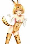  1girl animal_ears aumcry bare_shoulders blonde_hair bow bowtie breasts cat_ears cat_tail cleavage ears elbow_gloves gloves kemono_friends leotard looking_at_viewer open_mouth paw_pose ribbon serval_(kemono_friends) serval_ears serval_print serval_tail short_hair simple_background solo tail teeth thigh-highs yellow_eyes 