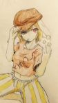  1girl adjusting_clothes adjusting_hat animal_ears bangs blonde_hair breasts commentary_request dango efukei floppy_ears food hat looking_at_viewer medium_breasts midriff mouth_hold navel orange_hat orange_shirt rabbit_ears red_eyes ringo_(touhou) shirt short_hair short_sleeves solo striped touhou traditional_media vertical_stripes wagashi 