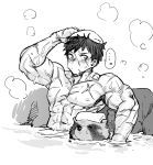  ... 1boy animal bathing doudanuki_masakuni greyscale highres looking_at_another male_focus manly monochrome muscle nipples onsen partially_submerged scar short_hair spoken_ellipsis synecdoche tanuki touken_ranbu towel towel_on_head wet 