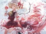  1girl apple black_shoes blonde_hair closed_eyes flandre_scarlet food fruit hat hat_ribbon mob_cap puffy_short_sleeves puffy_sleeves red_ribbon red_skirt ribbon shoes short_sleeves side_ponytail skirt skirt_set smile solo tosk_(swav-coco) touhou vest wings 