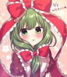 1girl :o amane_kurumi blush bow floral_background green_eyes green_hair hinamatsuri kagiyama_hina open_mouth red_bow red_ribbon ribbon short_hair solo touhou translated 