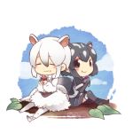  2girls :t animal_ears black_eyes black_hair black_legwear black_skirt blue_sky blush bow bowtie chibi closed_eyes clouds cloudy_sky day dot_nose eating eyebrows_visible_through_hair facing_away food food_on_face from_side gradient_hair hair_between_eyes holding holding_food kemono_friends leaf long_sleeves looking_at_another looking_to_the_side maora_oto multicolored_hair multiple_girls outdoors pantyhose pleated_skirt shoe_ribbon short_hair short_over_long_sleeves sidelocks signature sitting skirt skunk_ears skunk_tail sky southern_tamandua_(kemono_friends) spotted_skunk_(kemono_friends) sweet_potato tail tamandua_ears tamandua_tail tareme thigh-highs two-tone_hair underbust wavy_mouth white_bow white_bowtie white_footwear white_hair white_legwear yakiimo 