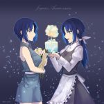  2girls apron armlet artist_name bangs bare_shoulders blue_background blue_eyes blue_hair bouquet breasts cake candle ciel cowboy_shot dress elesia flower food french from_side glasses gradient gradient_background hair_ribbon highres holding holding_bouquet juliet_sleeves light_particles long_sleeves low_ponytail medium_breasts multiple_girls oceanbellereine open_mouth profile puffy_sleeves ribbon short_hair sidelocks sleeveless sleeveless_dress smile standing text tsukihime tsurime waist_apron white_ribbon 