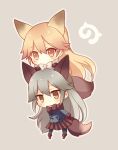  2girls :| animal_ears black_gloves black_legwear blazer blonde_hair blue_jacket blue_necktie blush boots bow bowtie brown_boots brown_bow brown_bowtie brown_skirt buttons chibi closed_mouth d: expressionless eyebrows_visible_through_hair eyelashes ezo_red_fox_(kemono_friends) fox_ears fox_tail full_body fur-trimmed_boots fur-trimmed_sleeves fur_trim gloves grey_background grey_bow grey_bowtie grey_hair hair_between_eyes hands_on_another&#039;s_head jacket japari_symbol kemono_friends konno_(pixiv_23416142) long_hair long_sleeves looking_at_viewer multiple_girls necktie no_nose on_head open_mouth orange_jacket outline pantyhose pleated_skirt pocket silver_fox_(kemono_friends) simple_background skirt tail very_long_hair 