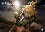  1girl ahoge arikanrobo blonde_hair blood blood_on_face blue_eyes child clouds cloudy_sky eyelashes flying gloves gun hairband holding holding_weapon lips military military_uniform signature sky solo tanya_degurechaff text title translated uniform weapon youjo_senki 