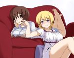  2girls bangs blonde_hair blue_eyes blue_shirt blue_skirt blush book braid breast_rest breasts brown_eyes brown_hair casual chin_rest chocolate closed_mouth couch darjeeling dress food girls_und_panzer heart holding holding_food large_breasts long_sleeves looking_at_another looking_back lying multiple_girls nishizumi_maho on_stomach open_book parted_lips pillow shanaharuhi shirt short_dress short_hair short_sleeves simple_background sitting skirt smile striped striped_shirt tied_hair twin_braids white_background white_dress yuri 