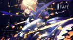  1girl aqua_eyes armor artist_name bangs blonde_hair blue_dress blue_ribbon braid character_name closed_mouth copyright_name dress excalibur fate/stay_night fate_(series) gloves holding holding_sword holding_weapon light_particles magicians_(zhkahogigzkh) profile reverse_grip ribbon saber short_hair solo sparks sword weapon 