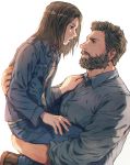  1boy 1girl age_difference beard brown_hair carrying eye_contact facial_hair grey_hair jacket logan_(film) looking_at_another marvel open_mouth qin_(7833198) simple_background wolverine x-23 x-men 