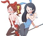  2girls akita animal_ears ass barbara_(little_witch_academia) bare_shoulders black_eyes black_hair blush bow bowtie broom bunny_girl bunny_tail bunnysuit commentary_request detached_collar embarrassed fake_animal_ears hair_bow hanna_(little_witch_academia) high_heels leotard little_witch_academia long_hair multiple_girls open_mouth pantyhose ponytail rabbit_ears redhead simple_background tail white_background wrist_cuffs 