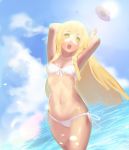  1girl arms_up bangs bikini blonde_hair blue_sky blunt_bangs braid breasts clouds cloudy_sky day ekakinoetora green_eyes hat highres lillie_(pokemon) long_hair navel ocean outdoors panties pokemon pokemon_(game) pokemon_sm side-tie_panties sky small_breasts solo standing stomach sun_hat swimsuit twin_braids underwear water white_bikini 