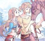  1boy 1girl blonde_hair blue_eyes carrot food forest horse link long_hair long_sleeves nature navel open_mouth pointy_ears ponytail princess_zelda smile the_legend_of_zelda the_legend_of_zelda:_breath_of_the_wild 