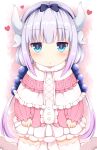  1girl blue_eyes capelet commentary_request dragon_girl hair_bobbles hair_ornament hairband heart highres kanna_kamui kobayashi-san_chi_no_maidragon lavender_hair long_hair looking_at_viewer low_twintails lucky_keai slit_pupils solo thigh-highs twintails white_legwear zettai_ryouiki 
