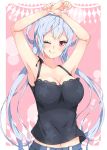  1girl ahoge alternate_costume armpits arms_up blush breasts casual cleavage commentary_request denim denim_shorts long_hair looking_at_viewer matoi_(pso2) medium_breasts midriff milkpanda one_eye_closed phantasy_star phantasy_star_online_2 red_eyes short shorts silver_hair smile solo tank_top 