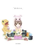  1girl agumon botamon brown_eyes brown_hair digiegg digimon digimon_adventure highres koromon short_hair yagami_hikari 