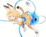  1girl :o animal_ears ankle_boots boots bow bowtie cat_ears cat_tail cerulean_(kemono_friends) clenched_hand coupon_(skyth) elbow_gloves eyebrows_visible_through_hair fang footwear_removed full_body gloves hair_between_eyes kemono_friends leg_lift looking_at_viewer monster one-eyed open_mouth orange_eyes orange_hair red_ribbon ribbon serval_(kemono_friends) serval_ears serval_print serval_tail shirt shoe_removed shoe_ribbon short_hair simple_background skirt sleeveless sleeveless_shirt striped_tail tail tareme tentacle thigh-highs tongue white_background white_boots white_footwear white_shirt zettai_ryouiki 