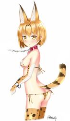  animal_ears ass bikini blonde_hair blush cat_ears cat_tail chains cuffs eyebrows eyebrows_visible_through_hair globe handcuffs kemono_friends nipples open_mouth puririn serval_(kemono_friends) serval_ears short_hair simple_background swimsuit tail yellow_eyes 