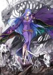  1girl black_shoes blood bloody_tears blue_eyes caster character_name cloak dress fate/stay_night fate_(series) highres jun_ling no_headwear pointy_ears purple_dress robe rulebreaker shoes skeleton solo undead 