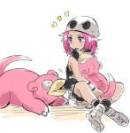  1girl eyeshadow hug indian_style makeup pink_eyes pink_hair pokemon pokemon_(game) pokemon_sm shoes short_hair short_shorts shorts sitting sketch skull_hat slowpoke tank_top team_skull team_skull_grunt unya white_shoes wristband 