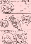  2girls ancient_geard animal_ears bow chocolate comic commentary eating highres kaban kemono_friends monochrome multiple_girls open_mouth serval_(kemono_friends) serval_ears serval_print short_hair smile 