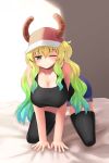  1girl ;) all_fours baseball_cap bed_sheet black_legwear blonde_hair blush breasts cleavage dragon_girl dragon_horns erect_nipples eyebrows_visible_through_hair full_body gradient_hair green_eyes green_hair hanging_breasts hat highres horns indoors kaafi kobayashi-san_chi_no_maidragon large_breasts long_hair looking_at_viewer multicolored_hair one_eye_closed quetzalcoatl_(maidragon) shiny shiny_hair short_shorts shorts smile solo tank_top thigh-highs yellow_pupils 