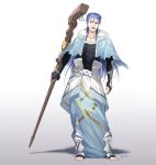  1boy barefoot blue_hair cape collarbone cu_chulainn_(fate/grand_order) earrings fate/grand_order fate_(series) fingerless_gloves full_body gloves gradient gradient_background holding holding_staff hood jewelry lancer long_hair long_sleeves male_focus red_eyes signature solo staff suda_ayaka toes 