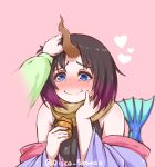  artist_name bare_shoulders black_hair blue_eyes blush breasts cream_puff disco_brando dragon_girl dragon_horns dragon_tail elma_(maidragon) food gradient_hair half-closed_eyes hand_on_own_cheek happy happy_tears horns japanese_clothes kimono kobayashi-san_chi_no_maidragon kobayashi_(maidragon) leotard_under_clothes long_sleeves multicolored_hair off_shoulder petting pink_background pov scarf short_hair simple_background sleeveless smile tail tears upper_body wavy_mouth 