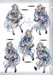  1girl absurdly_long_hair absurdres armpits arms_up asymmetrical_legwear bare_shoulders blue_eyes blue_hair character_name collarbone detached_sleeves dress elbow_gloves gloves granblue_fantasy hair_ornament hand_on_hip highres holding long_hair looking_at_viewer lyria_(granblue_fantasy) microphone minaba_hideo multiple_views official_art one_eye_closed open_mouth ribbon scan shoes short_dress simple_background sleeveless smile very_long_hair white_legwear 